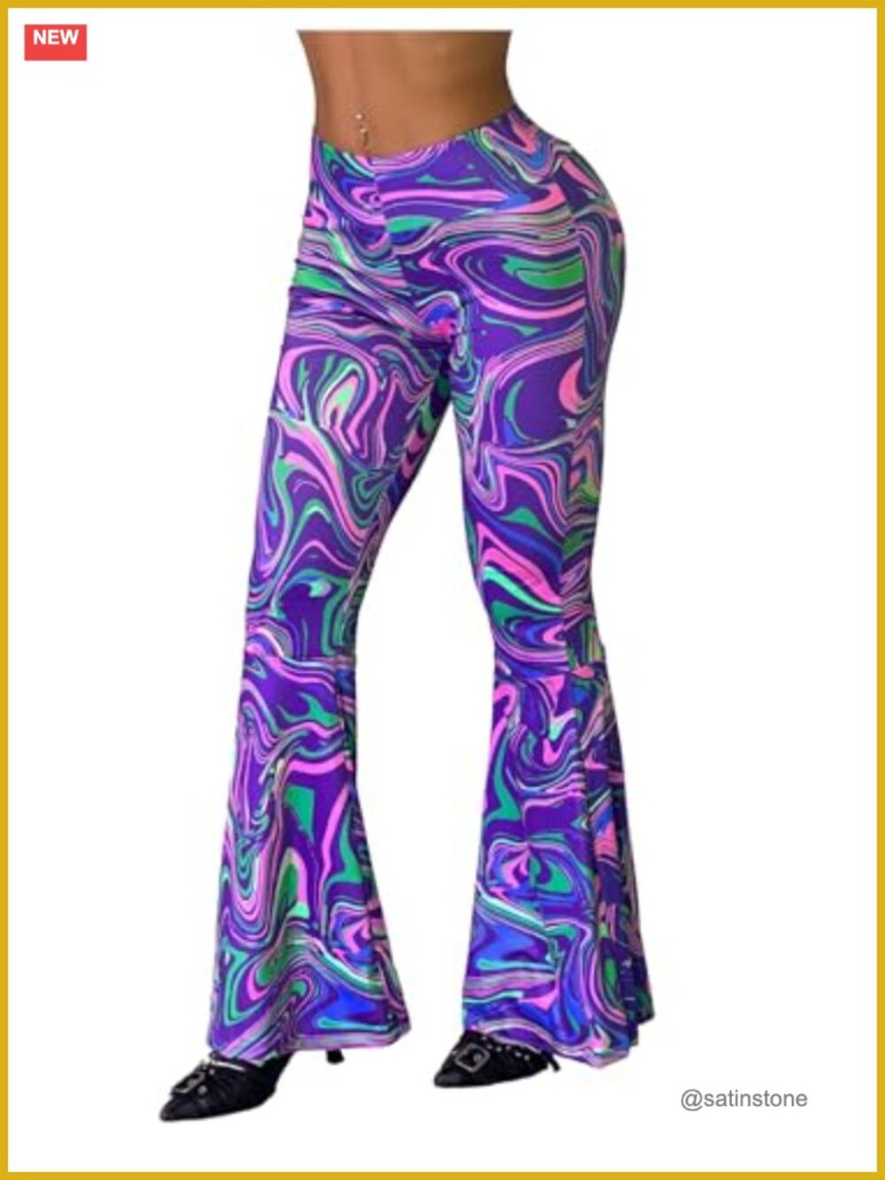 Flared Leggings Bell Bottom Y2k Rave Pants with Abstract Wave Print